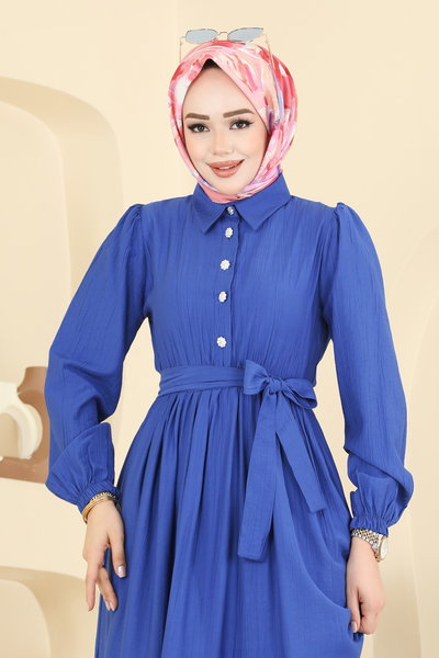 A.Y.D. - Yarım Düğme Detaylı Elbise 2781AYD574-MS Saks - 423460