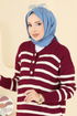 Yarım Düğmeli Çizgili Triko Elbise 502OZN1046-MS Bordo - Thumbnail