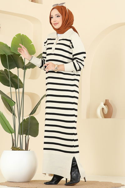 O.Z.N. - Yarım Düğmeli Çizgili Triko Elbise 502OZN1046-MS Ekru - 405749