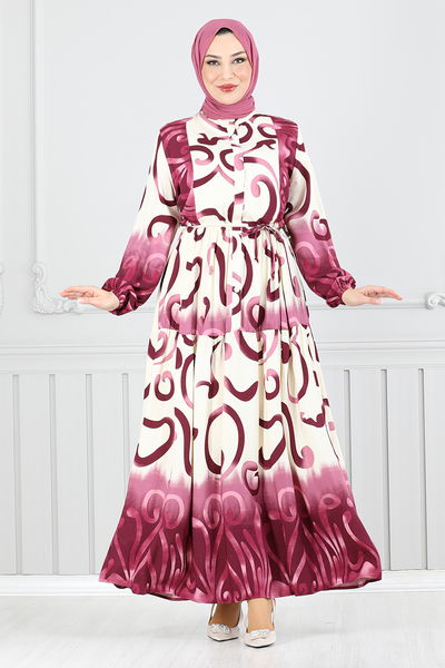 MRV A.S.N. - Yarım Düğmeli Desenli Elbise 0208ASN936-M Koyu Gül Kurusu - 350730