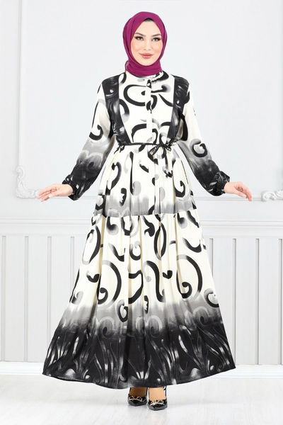 MRV A.S.N. - Yarım Düğmeli Desenli Elbise 0208ASN936-M Siyah - 350723