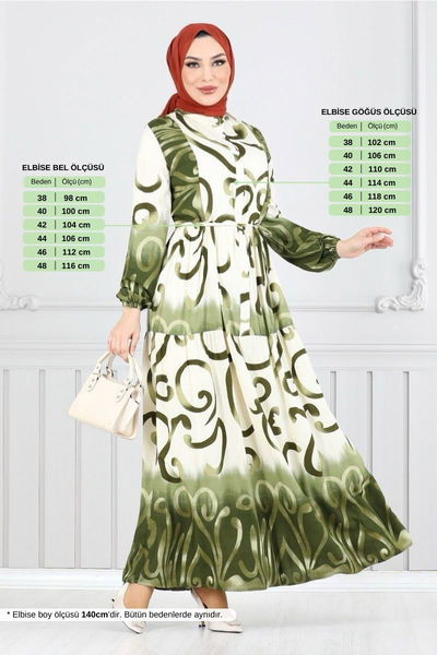 MRV A.S.N. - Yarım Düğmeli Desenli Elbise 0208ASN936-M Yeşil - 351327