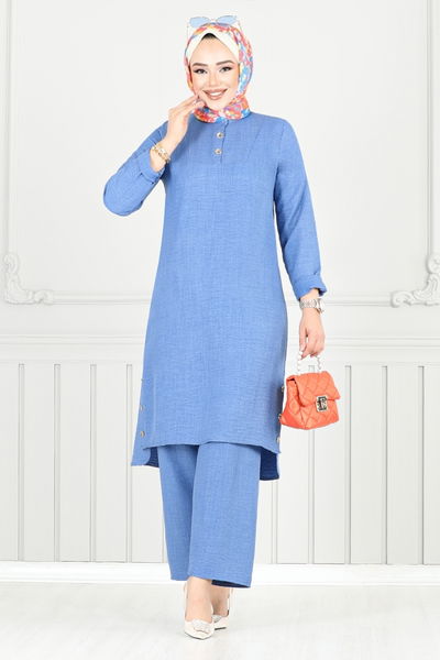 MRV M.R. - Yarım Düğmeli Keten Takım 018MR1077-M Açık İndigo - 355003