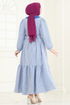 Yarım Düğmeli Tesettür Elbise 3068HBS856-MS İndigo - Thumbnail