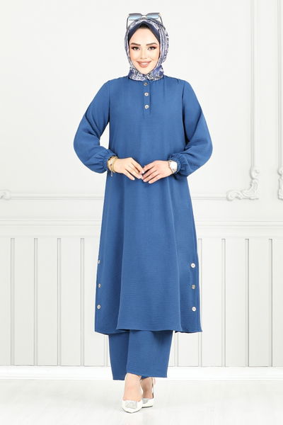 MRV M.R. - Yarım Düğmeli Tesettür Takım 015MR1077-M İndigo - 354134