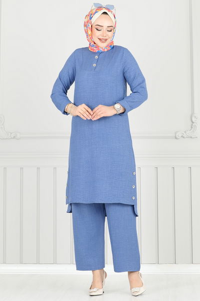 M.R. - Yarım Düğmeli Tesettür Takım 018MR1078-MS Açık İndigo - 383736