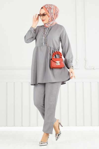 T.E.G. - Yarım Düğmeli Tesettür Takım 6093TEG847-MS Gri