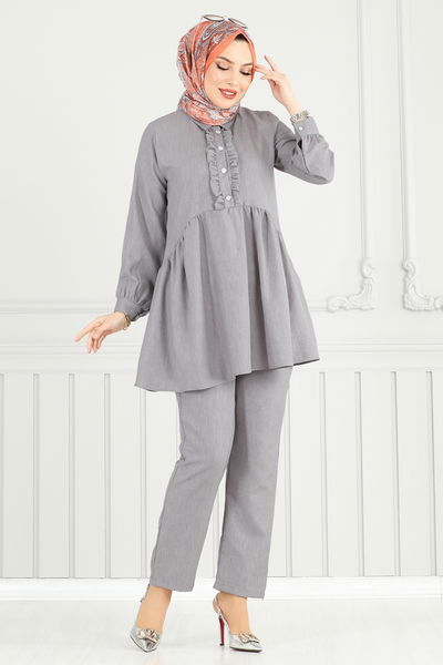 T.E.G. - Yarım Düğmeli Tesettür Takım 6093TEG847-MS Gri - 378287