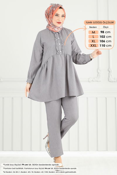 T.E.G. - Yarım Düğmeli Tesettür Takım 6093TEG847-MS Gri - 378290