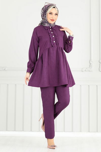 T.E.G. - Yarım Düğmeli Tesettür Takım 6093TEG847-MS Mor - 378302