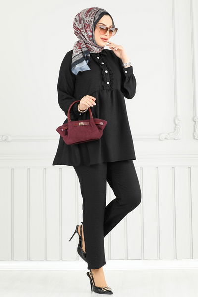 T.E.G. - Yarım Düğmeli Tesettür Takım 6093TEG847-MS Siyah - 378321