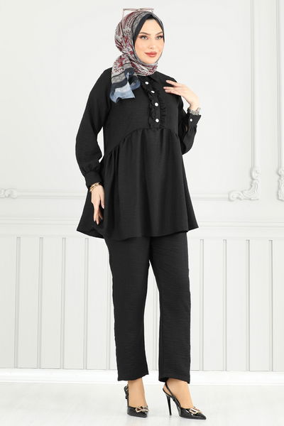 T.E.G. - Yarım Düğmeli Tesettür Takım 6093TEG847-MS Siyah - 378322