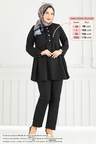 T.E.G. - Yarım Düğmeli Tesettür Takım 6093TEG847-MS Siyah - 378325