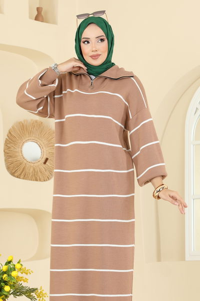 B.R.Z - Yarım Fermuarlı Çizgili Elbise 11038BRZ597-MS Vizyon - 404894