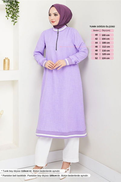 MRV S.V.L. - Yarım Fermuarlı Keten Takım 1724SVL982-M Lila&Ekru - 353957