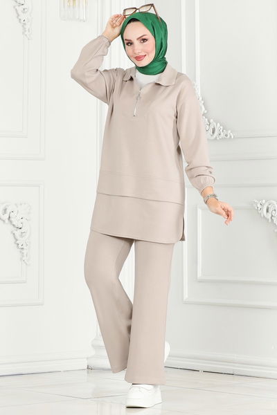 H.B.S. - Yarım Fermuarlı Modal Kumaş Takım 5017HBS856-MS Açık Taş - 392426