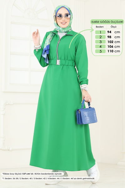 O.Z.N. - Yarım Fermuarlı Tesettür Elbise 804OZN1046-MS Benetton Yeşili - 390563