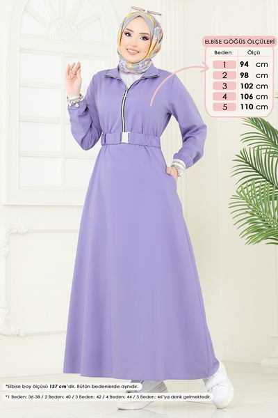 O.Z.N. - Yarım Fermuarlı Tesettür Elbise 804OZN1046-MS Lila - 390558