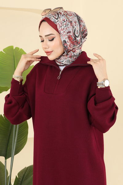 T.P.K. - Yarım Fermuarlı Triko Elbise 1299TPK1167-MS Bordo - 408770