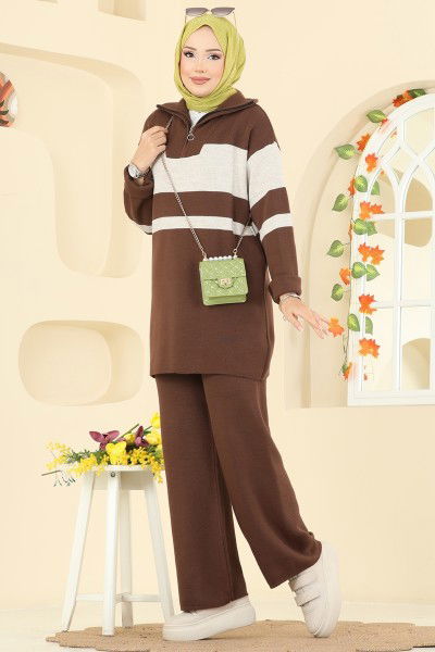 A.Y.D. - Yarım Fermuarlı Triko Takım 2738AYD574-MS Kahve