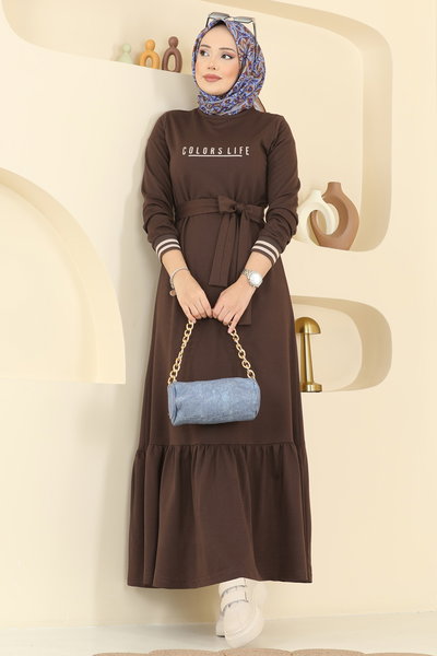 P.R.M. - Yazı Baskılı İki İplik Elbise 715PM271-MS Kahve - 423332