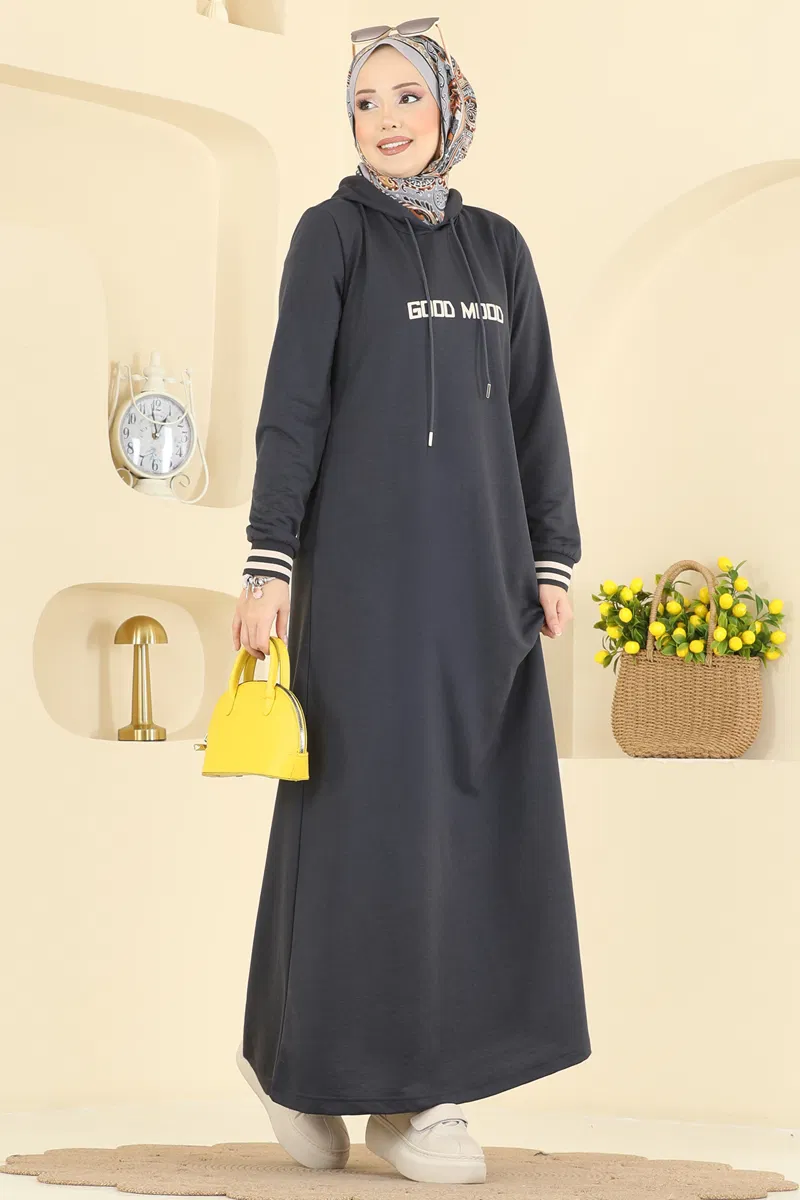 Yazı Baskılı İki İplik Elbise 717PM271-MS Antrasit