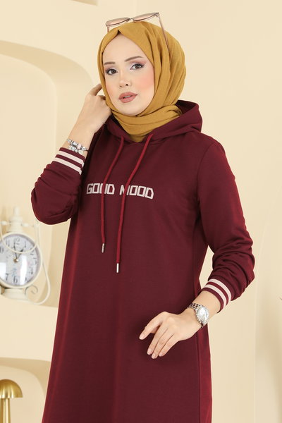 P.R.M. - Yazı Baskılı İki İplik Elbise 717PM271-MS Bordo - 425533