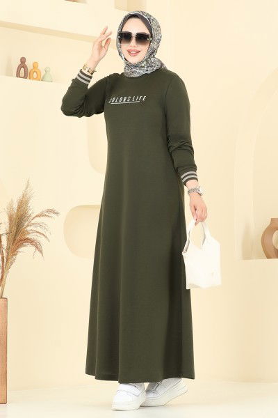 P.R.M. - Yazı Baskılı Tesettür Elbise 4108PM271-MS Haki