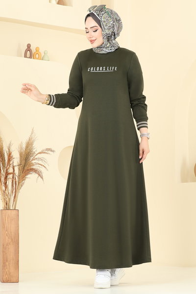 P.R.M. - Yazı Baskılı Tesettür Elbise 4108PM271-MS Haki - 363534