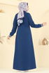 Yazı Baskılı Tesettür Elbise 4108PM271-MS İndigo - Thumbnail