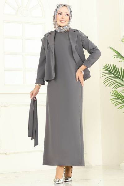 S.L. - Yeleği Taşlı Elbiseli Takım 2709SL432-MS Antrasit - 386876