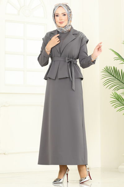 S.L. - Yeleği Taşlı Elbiseli Takım 2709SL432-MS Antrasit - 386877