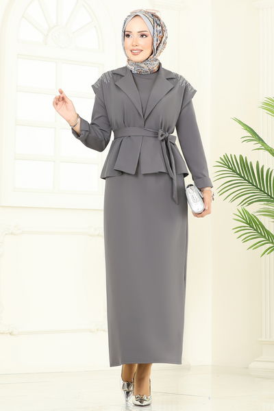 S.L. - Yeleği Taşlı Elbiseli Takım 2709SL432-MS Antrasit - 386879
