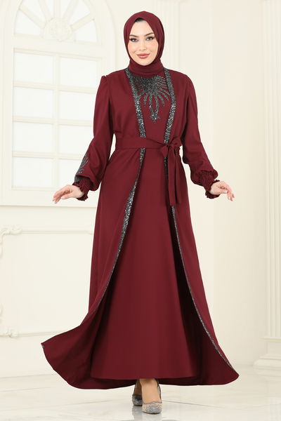 A.S.M. - Yelekli Abiye Elbise Takım ASM2758-MS Bordo - 360997
