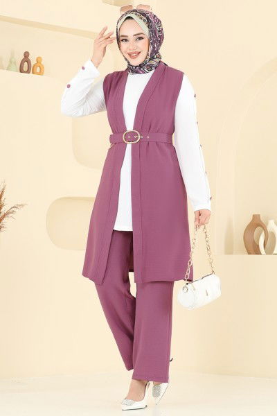 S.L. - Yelekli Üçlü Tesettür Takım 2660SL432-MS Gül Kurusu&Ekru