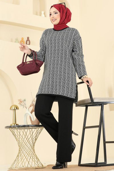 A.Y.D. - Yırtmaç Detaylı Desenli Takım 2718AYD574-MS Siyah