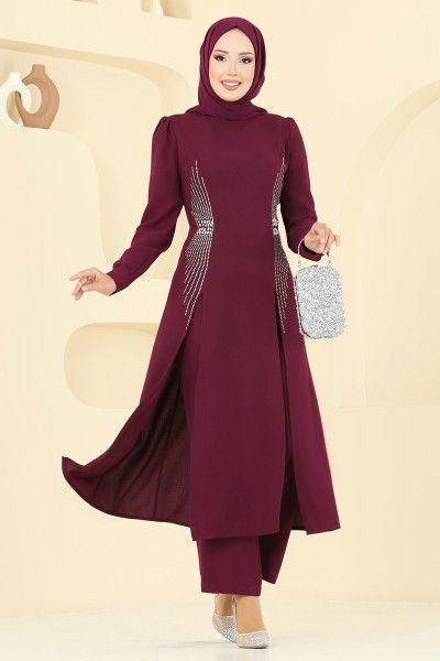 S.L. - Yırtmaç Detaylı Şık Takım 2723SL432-MS Mürdüm