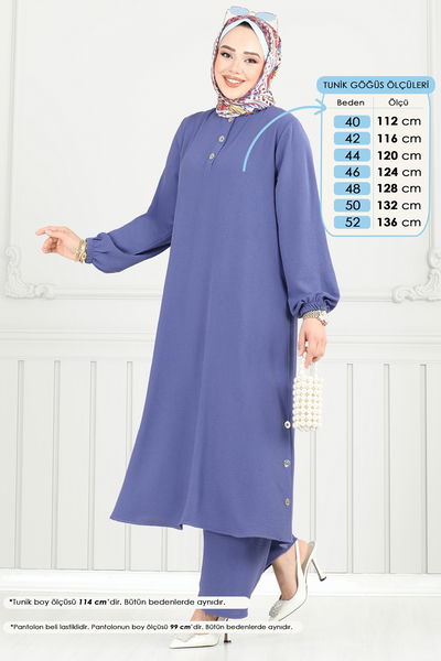 M.R. - Yırtmaç Düğmeli Tesettür Takım 015MR1078-MS Açık İndigo - 383645