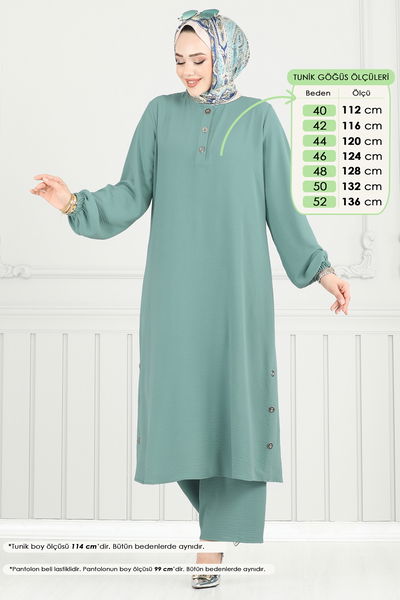 M.R. - Yırtmaç Düğmeli Tesettür Takım 015MR1078-MS Açık Mint - 383661