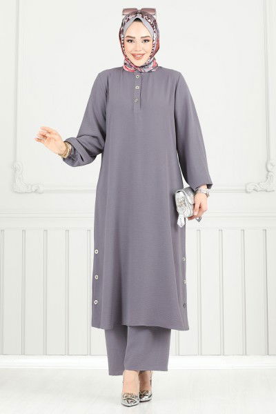 M.R. - Yırtmaç Düğmeli Tesettür Takım 015MR1078-MS Antrasit