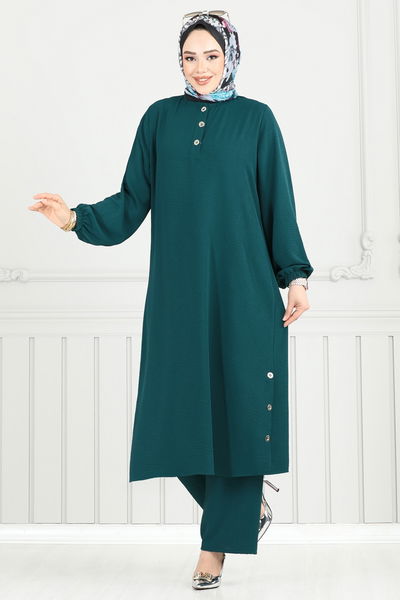 M.R. - Yırtmaç Düğmeli Tesettür Takım 015MR1078-MS Petrol - 383638