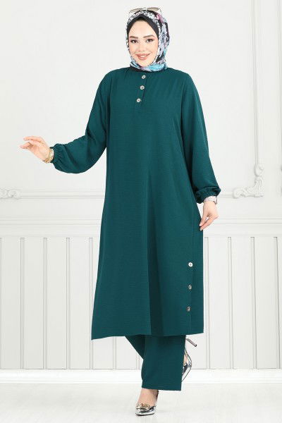 M.R. - Yırtmaç Düğmeli Tesettür Takım 015MR1078-MS Petrol