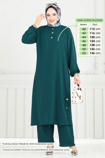 M.R. - Yırtmaç Düğmeli Tesettür Takım 015MR1078-MS Petrol - 383641