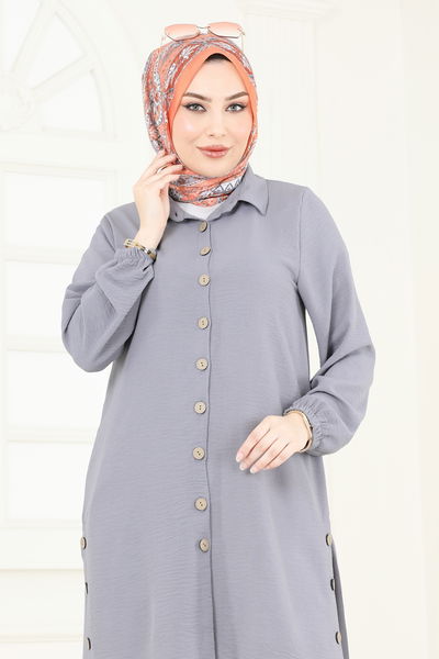 M.R. - Yırtmaç Düğmeli Tesettür Tunik 008MR1078-MS Gri - 383359