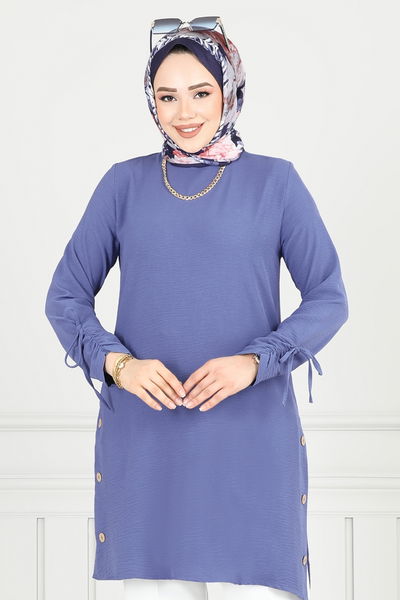 M.R. - Yırtmaç Düğmeli Tesettür Tunik 016MR1078-MS Açık İndigo - 383691