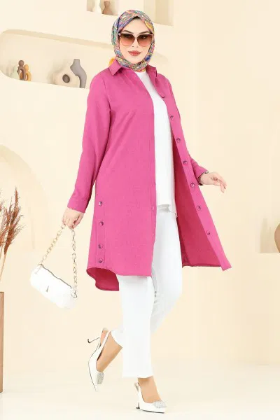 K.T.R. - Yırtmaç Düğmeli Tunik 3047KTR750-MS Fuşya