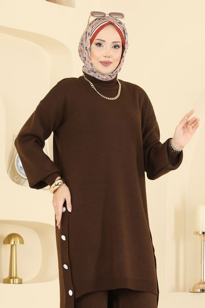 A.Y.D. - Yırtmacı Düğme Detaylı Takım 2763AYD574-MS Kahve - 417933