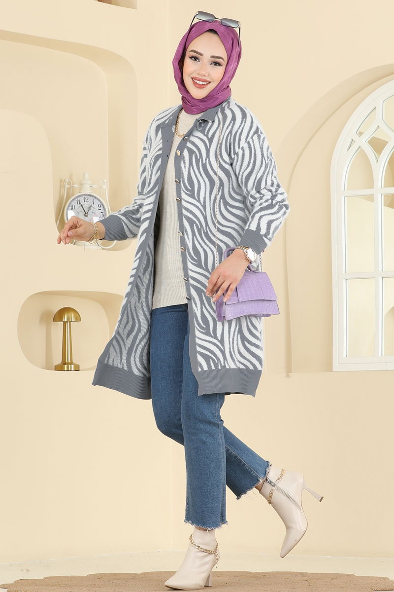 Zebra Desenli Triko Hırka 3286BRZ597-MS Gri