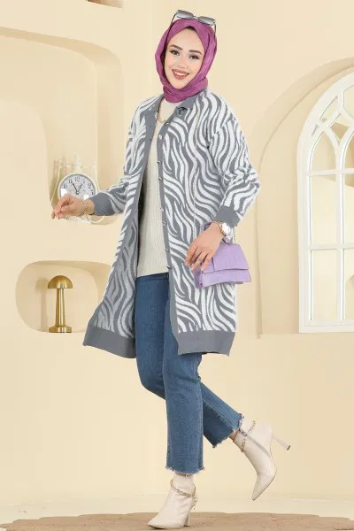 B.R.Z - Zebra Desenli Triko Hırka 3286BRZ597-MS Gri