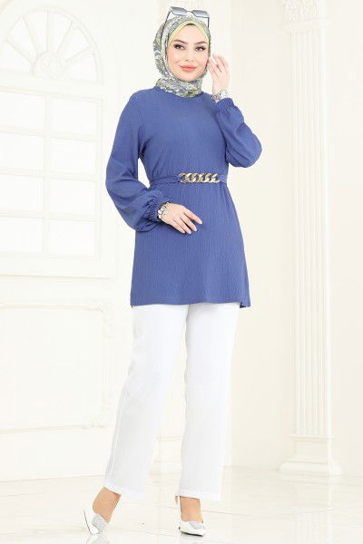 D.V.L. - Zincir Kemerli Tesettür Takım 344DVL817-MS İndigo&Ekru